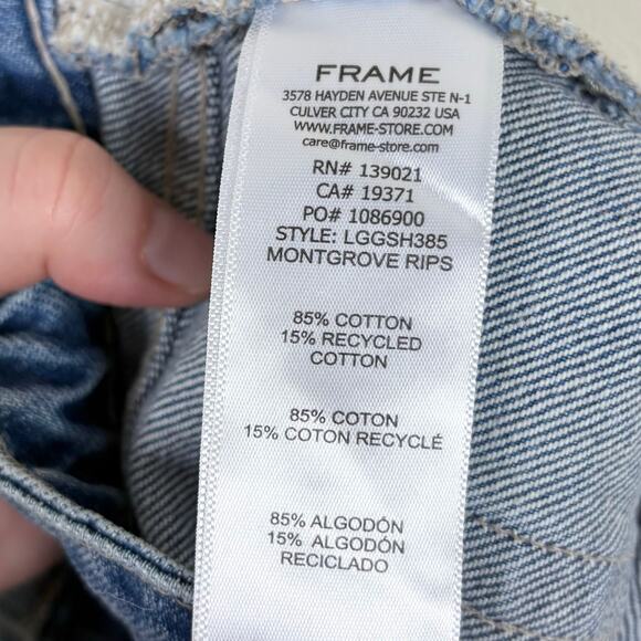 Frame Blue Mid Rise Relaxed Fit Le Grand Garcon Shorts in Montgrove Rips - Picture 8 of 10